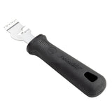 A stainless steel zester tool with a black textured handle. The handle has an oval hole at the end and “Parsagrip” embossed on the side. Its metal head features a small blade with five sharp holes, perfect as a lemon peeler for citrus fruit.