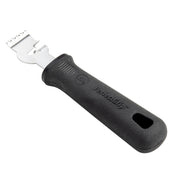 A stainless steel zester tool with a black textured handle. The handle has an oval hole at the end and “Parsagrip” embossed on the side. Its metal head features a small blade with five sharp holes, perfect as a lemon peeler for citrus fruit.