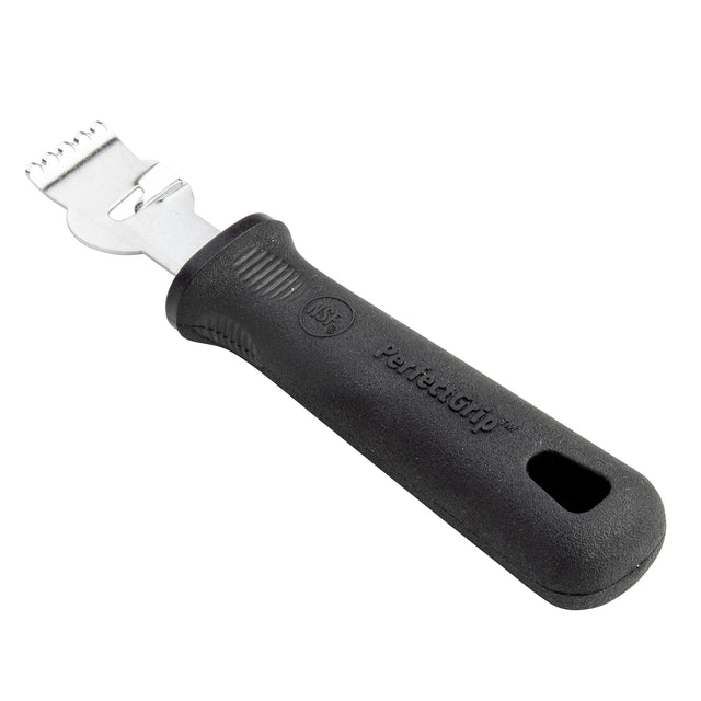 A stainless steel zester tool with a black textured handle. The handle has an oval hole at the end and “Parsagrip” embossed on the side. Its metal head features a small blade with five sharp holes, perfect as a lemon peeler for citrus fruit.
