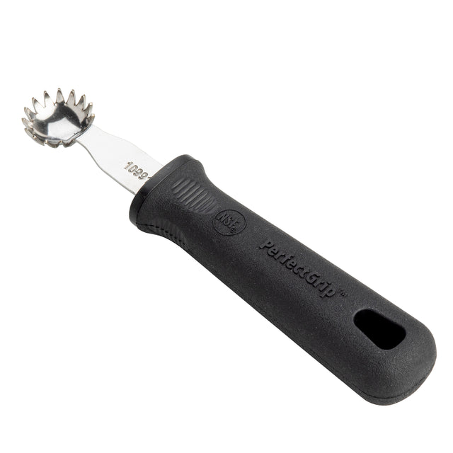 A stainless steel grapefruit spoon with a serrated, jagged edge bowl and a black ergonomic PerfectGrip handle, designed for scooping fruit or serving as a handy Tomato Stem Corer. The handle features textured grip and a hole at the end for hanging.