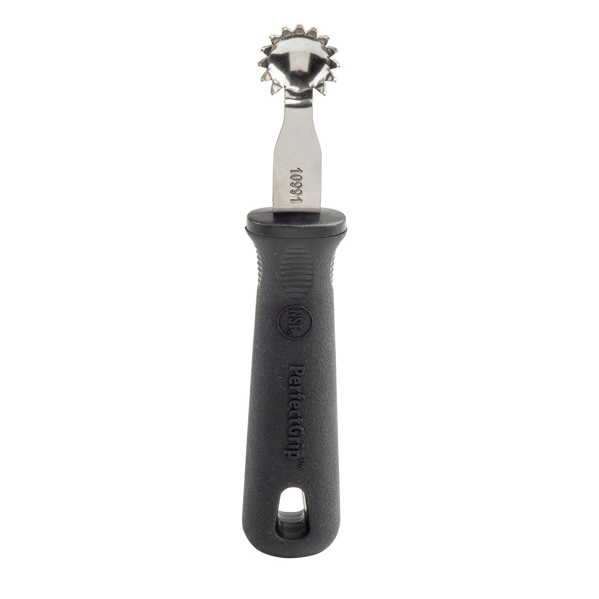 A metal pastry cutter with a jagged, round stainless steel wheel and a black handle labeled PerfectGrip. The handle features a hole for hanging and a textured grip. The tool is positioned vertically against a white background.