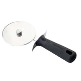 The TableCraft Products PerfectGrip Pizza Cutter features a large, round stainless steel blade, a black ergonomic handle with a finger guard, and a convenient hanging hole—ideal for effortless pizza slicing.