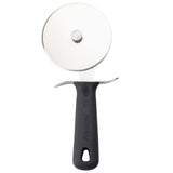 The TableCraft Products PerfectGrip Pizza Cutter features a sharp, round stainless steel blade and a black ergonomic handle with a thumb guard. The handle includes a hanging hole, and the brand logo is embossed for a stylish touch.