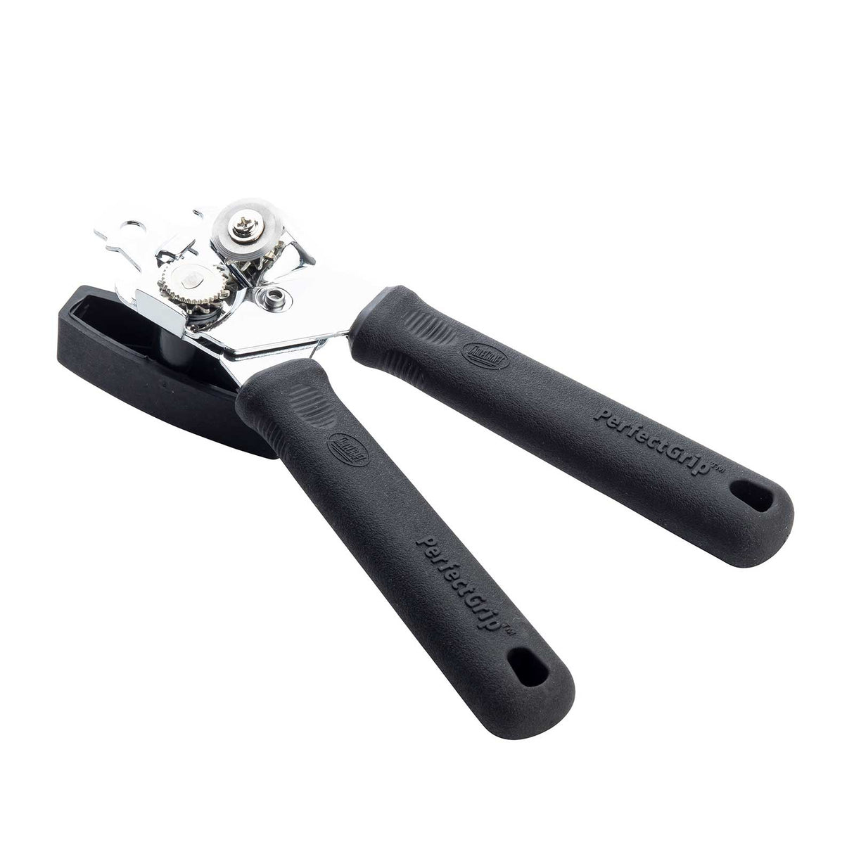 The TableCraft Products PerfectGrip Can Opener features two black, textured plastic handles, a turning knob, sharp cutting wheel, serrated gripping wheel, and built-in bottle opener. This chrome plated can opener is shown on a white background.