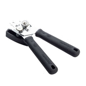 The TableCraft Products PerfectGrip Can Opener features two black, textured plastic handles, a turning knob, sharp cutting wheel, serrated gripping wheel, and built-in bottle opener. This chrome plated can opener is shown on a white background.