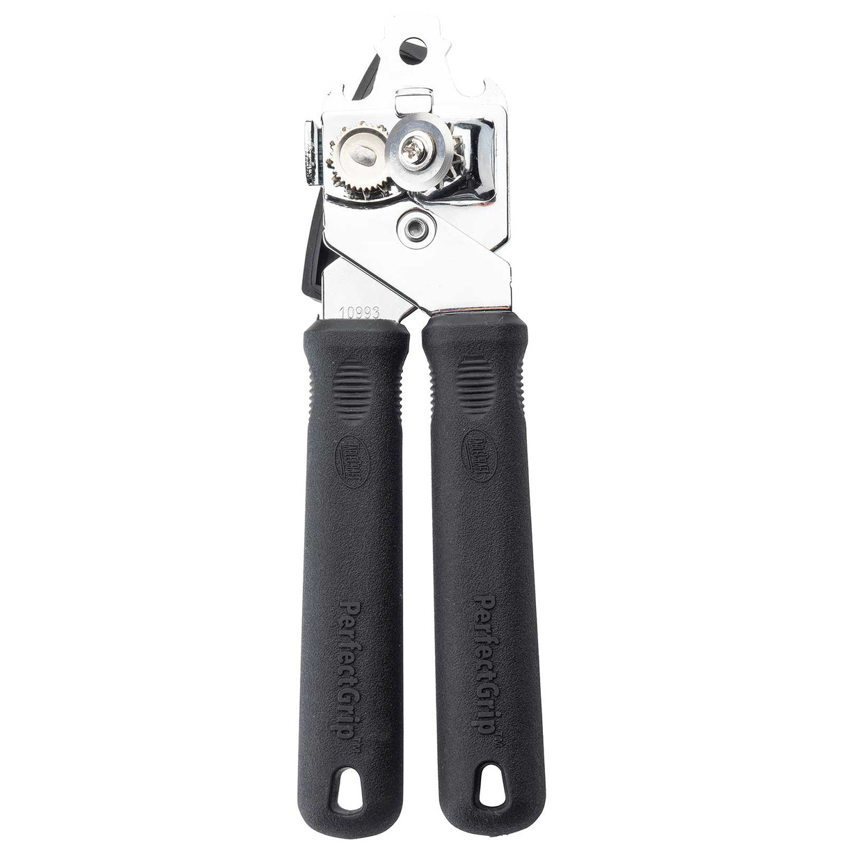 A TableCraft Products PerfectGrip Can Opener is shown upright, featuring two black, textured handles embossed with PerfectGrip. This chrome plated can opener has a rotating cutting wheel, serrated gear, metal turning knob, and hanging holes.