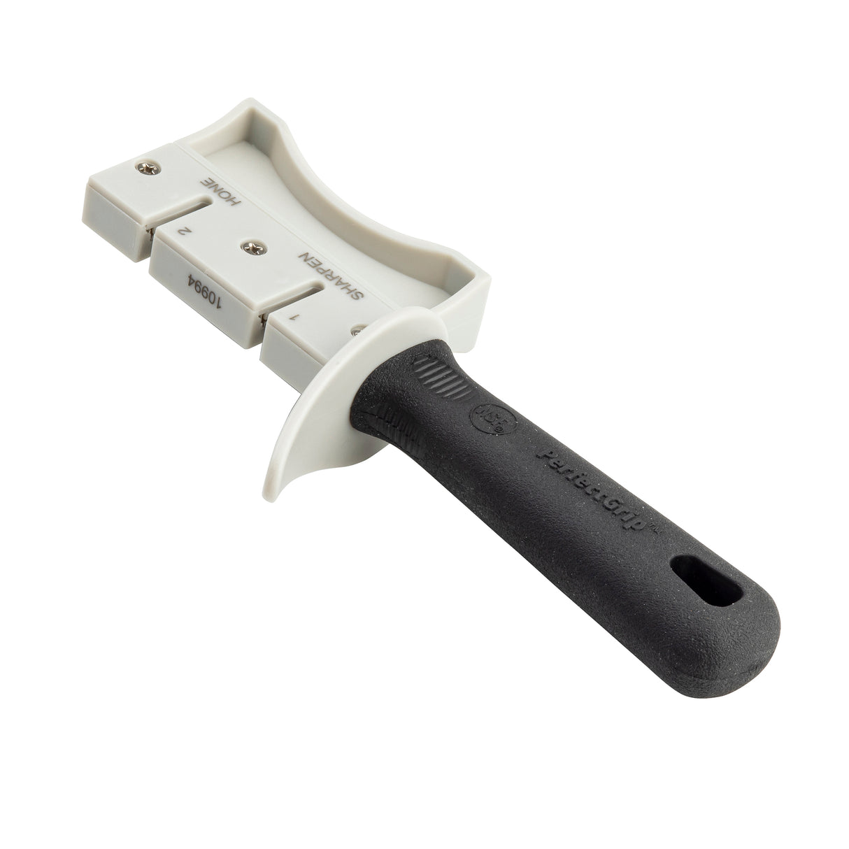 The PerfectGrip Hand Held Sharpener features a black textured handle and a white plastic block with three slots—COARSE, FINE, and SHARPENING. This tungsten carbide sharpener is angled on a white background, with a hole for convenient hanging.