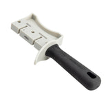 The PerfectGrip Hand Held Sharpener features a black textured handle and a white plastic block with three slots—COARSE, FINE, and SHARPENING. This tungsten carbide sharpener is angled on a white background, with a hole for convenient hanging.