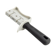 The PerfectGrip Hand Held Sharpener features a black textured handle and a white plastic block with three slots—COARSE, FINE, and SHARPENING. This tungsten carbide sharpener is angled on a white background, with a hole for convenient hanging.