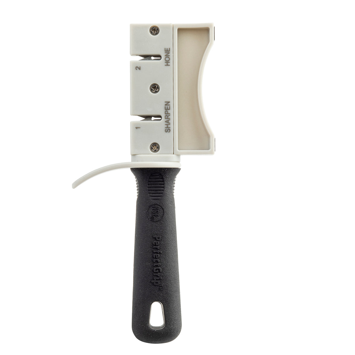 The PerfectGrip Hand Held Sharpener features a black handle, a white body, and two slots labeled SHARPEN and HONE with tungsten carbide sharpener blades. It includes a left-side hand guard for safety and a hanging hole at the end of the handle.