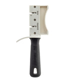 The PerfectGrip Hand Held Sharpener features a black handle, a white body, and two slots labeled SHARPEN and HONE with tungsten carbide sharpener blades. It includes a left-side hand guard for safety and a hanging hole at the end of the handle.