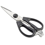 A pair of PerfectGrip Kitchen Shears with black plastic handles. The stainless steel blades are sharp, slightly serrated near the pivot, and the large finger holes highlight their multi-purpose design. The shears are open for versatile use.