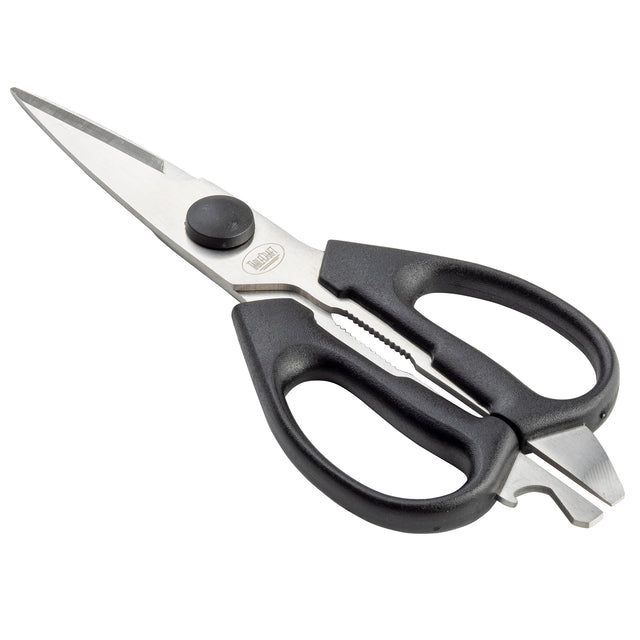 A pair of PerfectGrip Kitchen Shears with black plastic handles. The stainless steel blades are sharp, slightly serrated near the pivot, and the large finger holes highlight their multi-purpose design. The shears are open for versatile use.