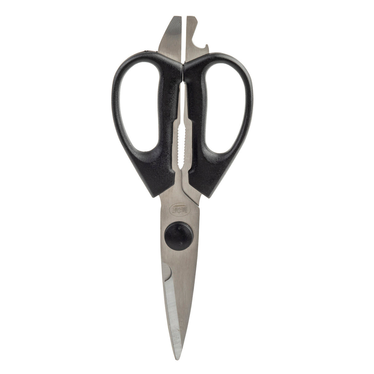 A pair of PerfectGrip Kitchen Shears with stainless steel blades and black ergonomic handles, shown slightly open from above. The handles offer a comfortable grip, while the blades feature serration and a built-in bottle opener near the hinge.
