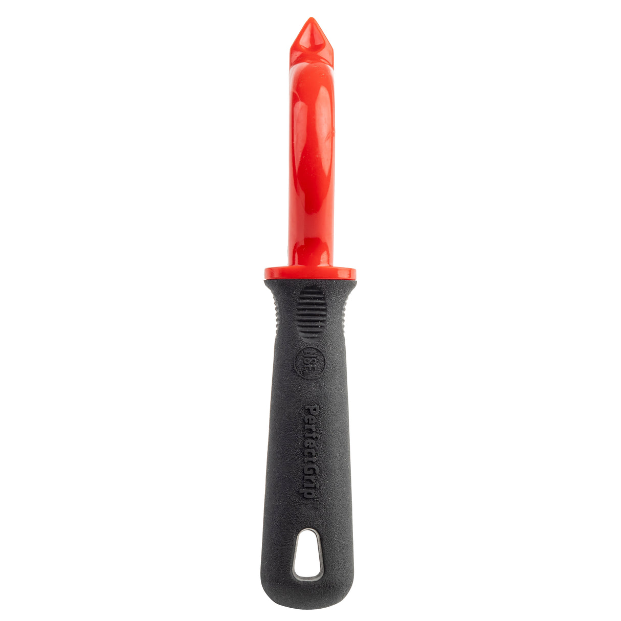 A straight-on photo of the Perfect Grip Straight Peeler, featuring a red blade and black, textured handle with “ZYLISS” branding. This stainless steel peeler is cleanly displayed against a white background, ready for any kitchen task.