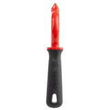 A straight-on photo of the Perfect Grip Straight Peeler, featuring a red blade and black, textured handle with “ZYLISS” branding. This stainless steel peeler is cleanly displayed against a white background, ready for any kitchen task.