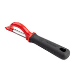 The TableCraft Products Perfect Grip Straight Peeler features a curved red plastic top, a stainless steel blade, and a black ergonomic handle with a hanging hole. Its pointed tip is ideal for removing potato eyes or blemishes.