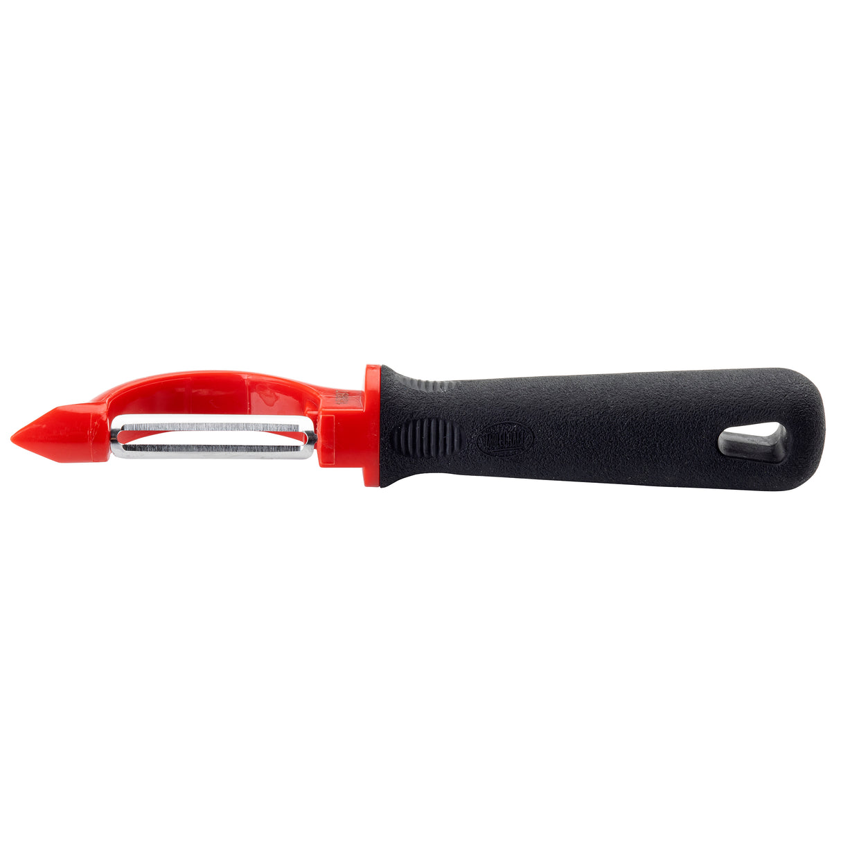 A TableCraft Products stainless steel peeler with a black ergonomic handle and bright red top section features a horizontal metal blade for peeling. The handle includes a hole for hanging, and the Perfect Grip Straight Peeler rests horizontally on a white background.