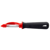 A TableCraft Products stainless steel peeler with a black ergonomic handle and bright red top section features a horizontal metal blade for peeling. The handle includes a hole for hanging, and the Perfect Grip Straight Peeler rests horizontally on a white background.