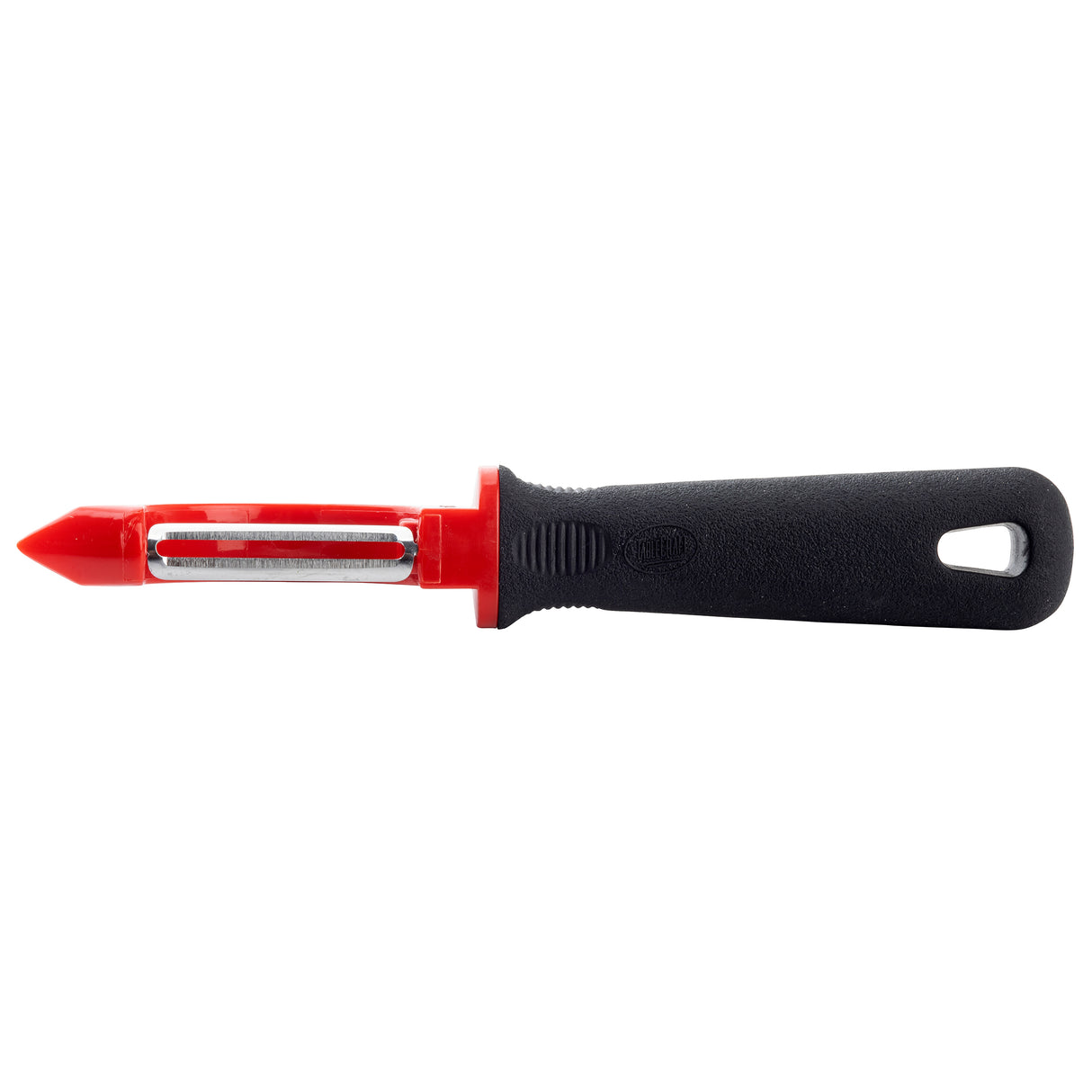 The Perfect Grip Straight Peeler by TableCraft Products features a stainless steel blade, black ergonomic handle, and red safety tip. Designed for easy hanging, this sleek peeler ensures comfort and efficiency on any kitchen task. Shown on a white background.