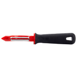 The Perfect Grip Straight Peeler by TableCraft Products features a stainless steel blade, black ergonomic handle, and red safety tip. Designed for easy hanging, this sleek peeler ensures comfort and efficiency on any kitchen task. Shown on a white background.