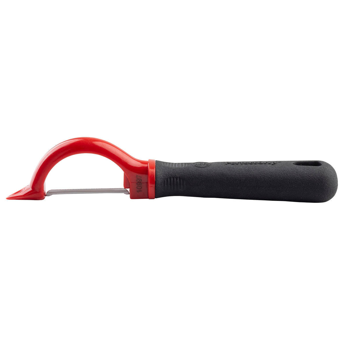 A stainless steel peeler from TableCraft Products, featuring a black ergonomic handle for a perfect grip, a red curved blade guard, and a straight metal blade positioned horizontally. The handle includes a hole at the end for easy hanging.