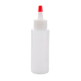 A 2 oz. TableCraft Chef Squeeze Bottle made of translucent plastic with a white screw-on cap and a pointed red nozzle tip, perfect for dispensing glue or condiments. The bottle is photographed against a white background.