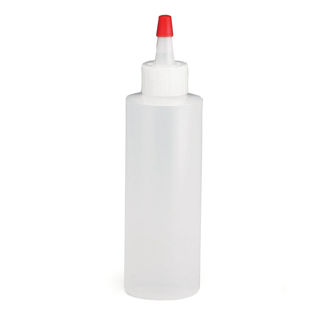 A clear, cylindrical TableCraft 4 oz. Chef Squeeze Bottle with a white screw-on cap and narrow pointed nozzle topped by a small red cap, standing empty and upright against a plain white background.