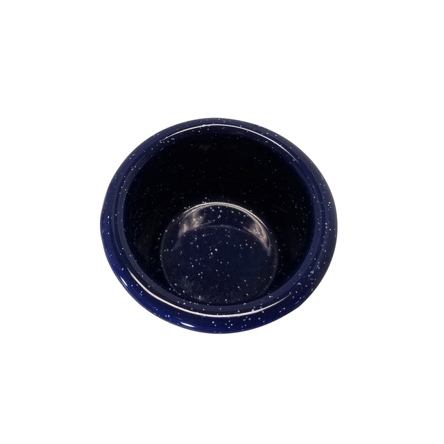 A small, round, dark blue Enamelware ramekin bowl (2 oz.) seen from above, featuring white speckles scattered over its shiny porcelain enamel surface. The plain white background ensures the bowl is the sole focus of the image.
