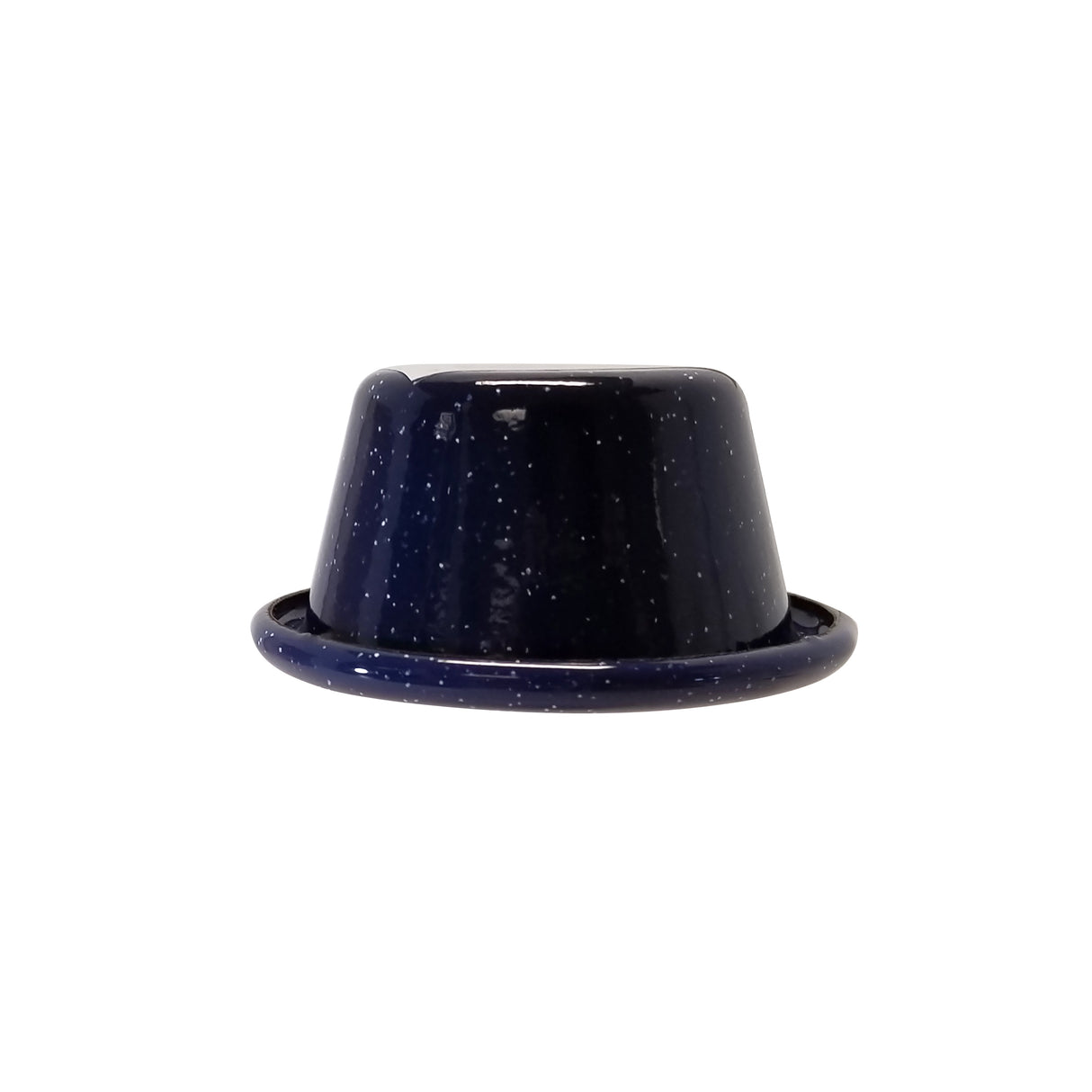 A small, dark blue Enamelware ramekin with white speckles, shown upside down on a white background. The 2 oz. cup is round with a flared rim, and its glossy porcelain enamel surface reflects the light.