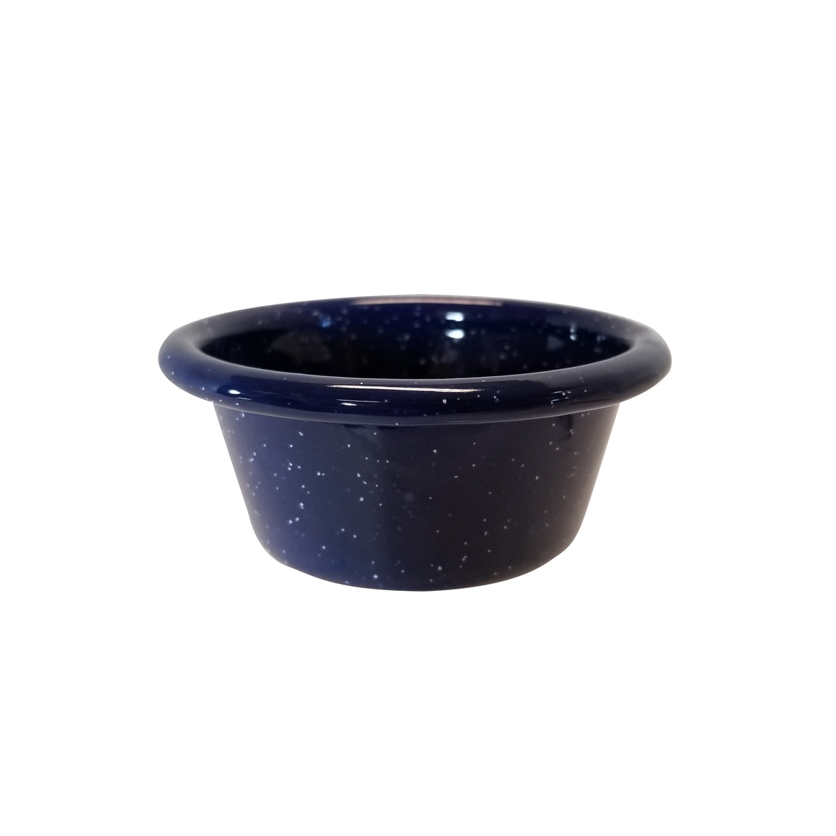 A small, round, deep blue enamelware ramekin with a wide rim and white speckles throughout, shown against a plain white background. This 4 oz bowl features a glossy porcelain enamel finish that gives it a beautiful reflective surface.