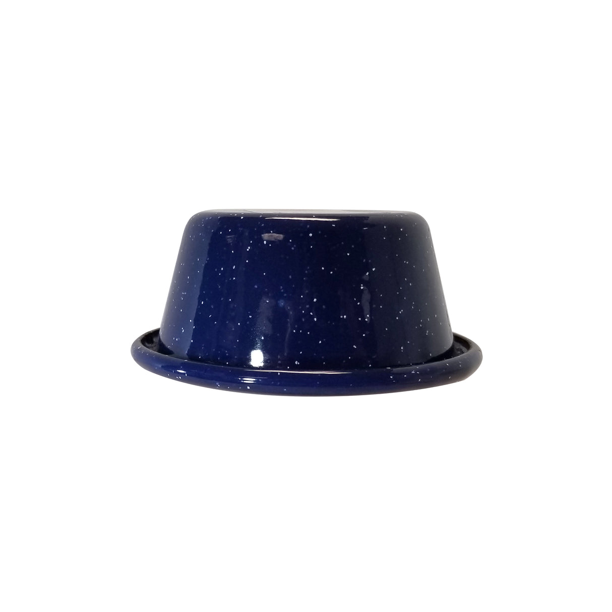 A dark blue, round porcelain enamel bowl with white speckles, shown upside down on a white background. This 4 oz enamelware ramekin features a wide rim and a smooth, glossy surface.