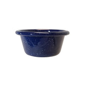 A small, round 4 oz enamelware ramekin with a wide rim, made of dark blue porcelain enamel coated metal featuring white speckles. The bowl is isolated on a white background.