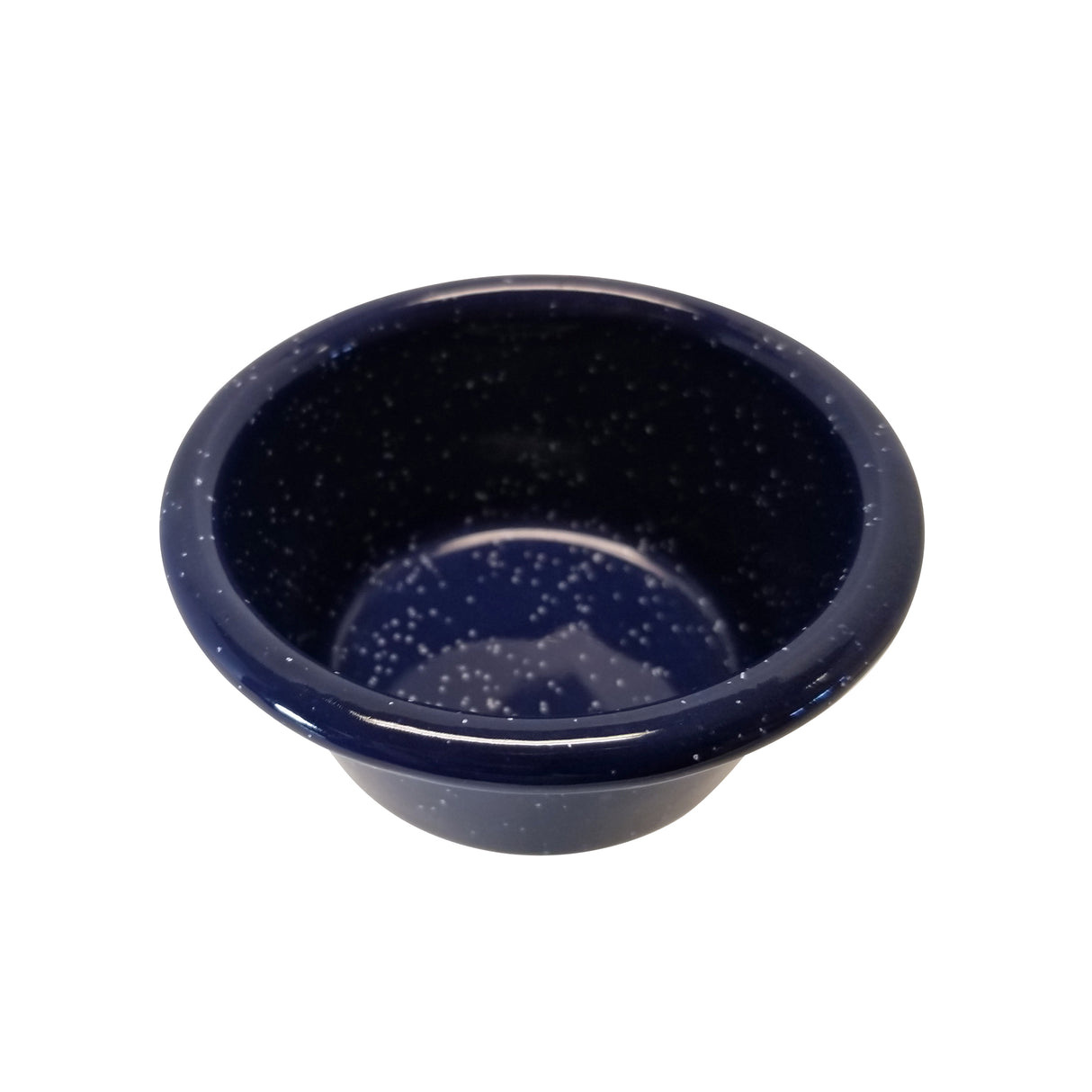 A small, round 4 oz enamelware ramekin with a wide rim, made of dark blue porcelain enamel-coated metal and dotted with white speckles. The bowl has a smooth, glossy finish and appears empty.