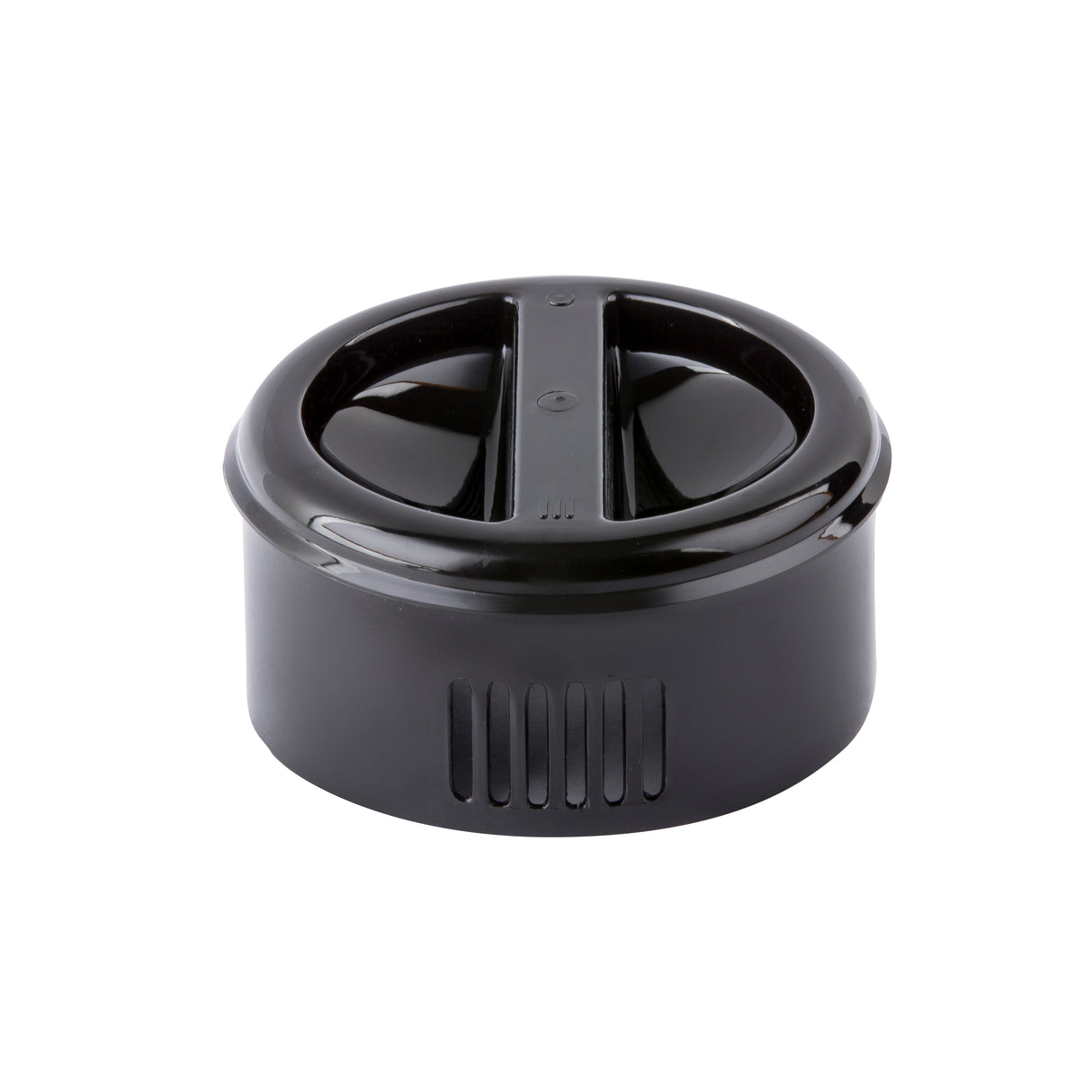 A black, round replacement lid with a central raised handle and two indented drinking openings. This BPA free lid features vertical grooves on the side, a smooth, glossy finish, and is designed for a travel mug or insulated drink container.
