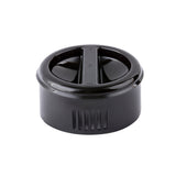 A black, round replacement lid with a central raised handle and two indented drinking openings. This BPA free lid features vertical grooves on the side, a smooth, glossy finish, and is designed for a travel mug or insulated drink container.