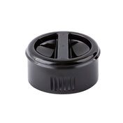 A black, round replacement lid with a central raised handle and two indented drinking openings. This BPA free lid features vertical grooves on the side, a smooth, glossy finish, and is designed for a travel mug or insulated drink container.