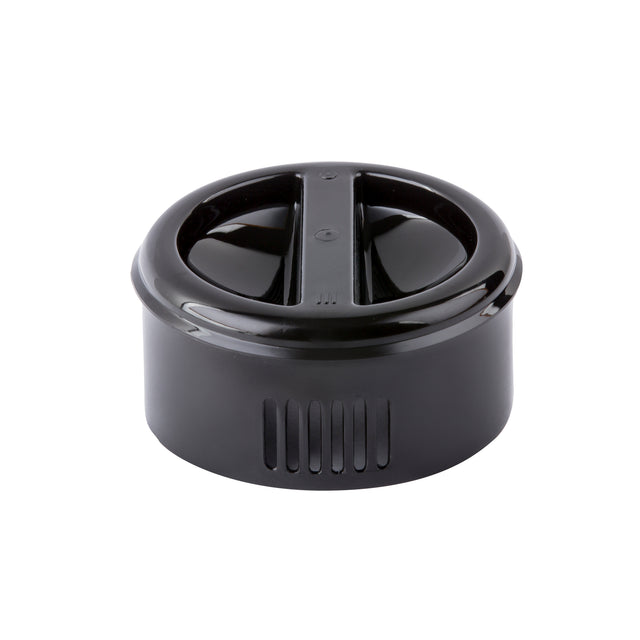 A black, round replacement lid with a central raised handle and two indented drinking openings. This BPA free lid features vertical grooves on the side, a smooth, glossy finish, and is designed for a travel mug or insulated drink container.