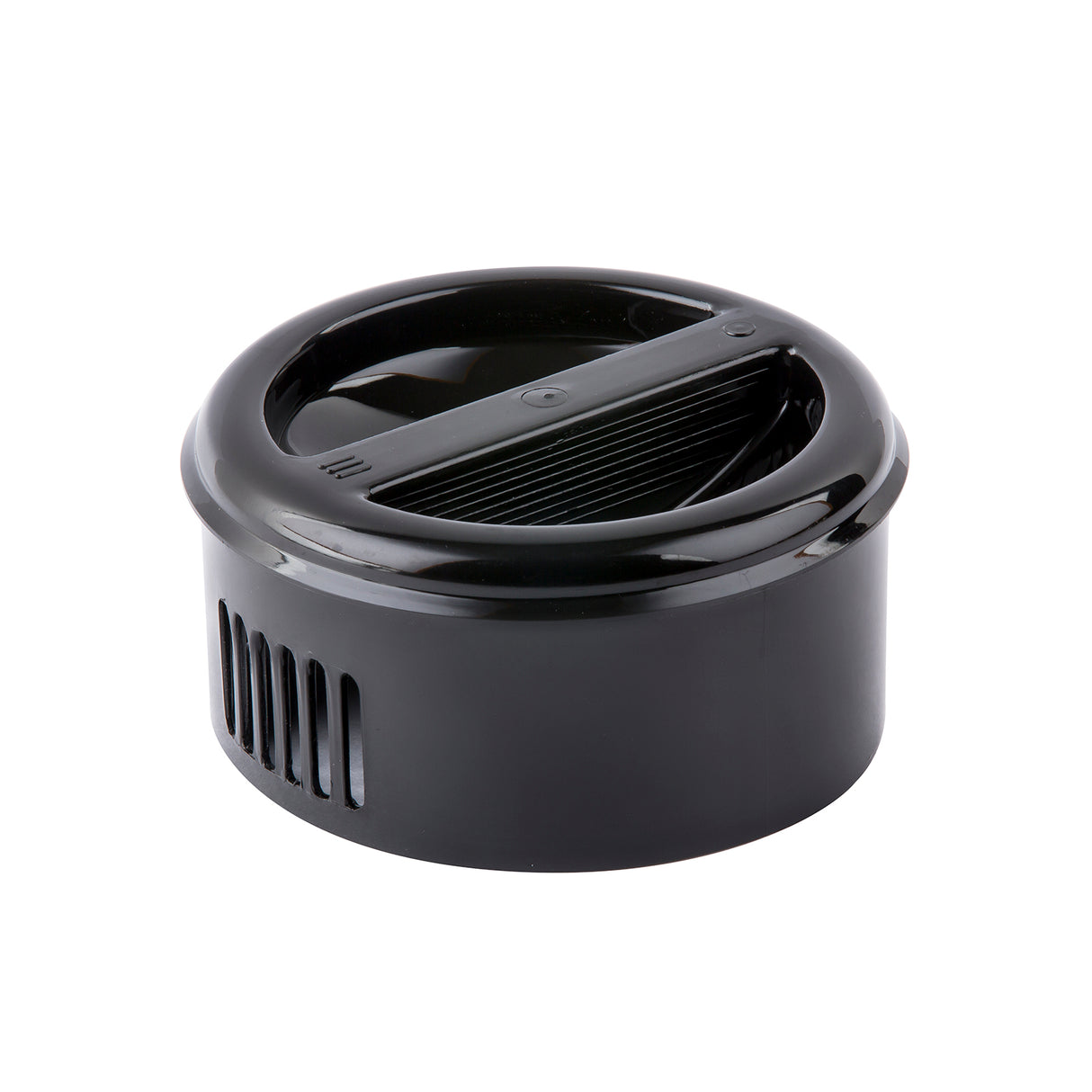 A black, round BPA free plastic replacement lid featuring vent-like slits on the side and a built-in sliding mechanism on top, designed for drink containers or travel mugs to easily control sipping.