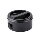 A black, round BPA free plastic replacement lid featuring vent-like slits on the side and a built-in sliding mechanism on top, designed for drink containers or travel mugs to easily control sipping.
