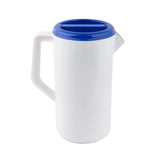 A white BPA free plastic pitcher with a wide, angular handle and blue lid stands upright on a white background. Featuring a small spout, this dishwasher safe pitcher boasts a simple, modern design with smooth surfaces and clean lines.