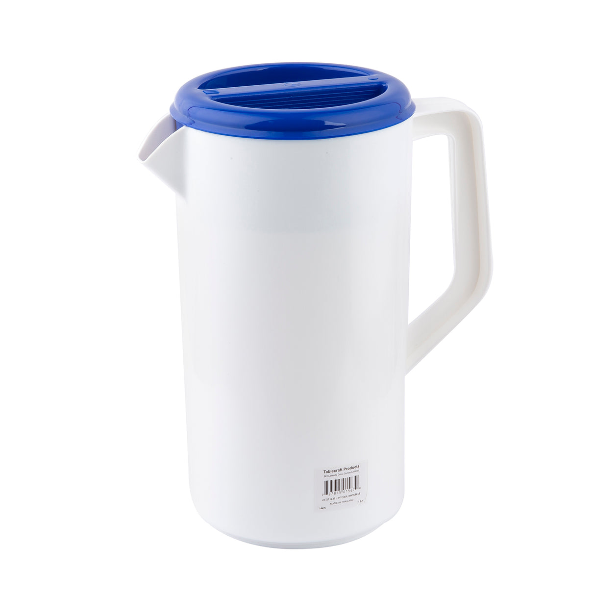 A tall, BPA free white plastic pitcher with a large handle and blue lid. The lid has grooves and fits snugly on top. There is a spout for easy pouring and a barcode sticker near the bottom. This pitcher is also dishwasher safe.