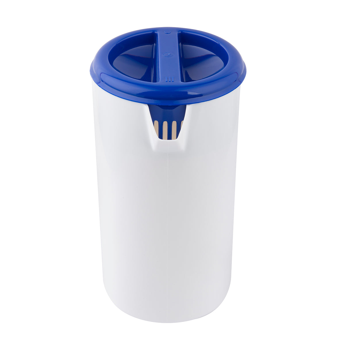 A white cylindrical, BPA free container with a blue lid featuring a built-in slot displays the tips of several wooden toothpicks. The simple, functional design makes dispensing toothpicks easy against the plain white background.