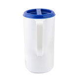 A BPA free white plastic pitcher with a large handle, featuring a blue lid with a raised center and built-in spout. The dishwasher safe lid fits snugly on top, and the pitcher stands upright against a plain white background.