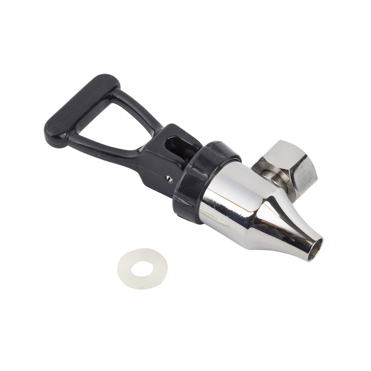 A metal and black plastic nozzle attachment with a lever handle, next to a small white washer. The shiny, chrome-finished nozzle features a hexagonal nut, suggesting it is part of a faucet or beverage dispenser for fluid flow control.