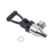 A metal and black plastic nozzle attachment with a lever handle, next to a small white washer. The shiny, chrome-finished nozzle features a hexagonal nut, suggesting it is part of a faucet or beverage dispenser for fluid flow control.
