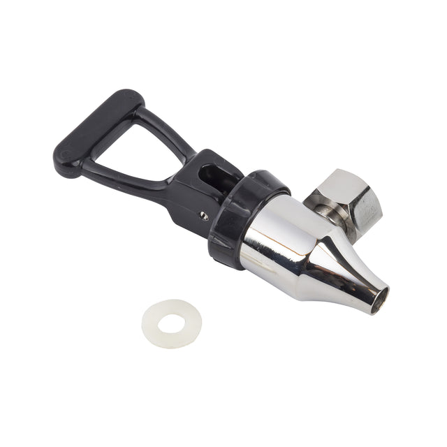 A metal and black plastic nozzle attachment with a lever handle, next to a small white washer. The shiny, chrome-finished nozzle features a hexagonal nut, suggesting it is part of a faucet or beverage dispenser for fluid flow control.