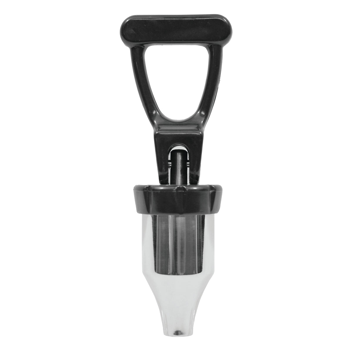A metal and black plastic tool with a T-shaped handle and a cylindrical, tapered metal body, similar in sturdiness to a dishwasher safe beverage dispenser faucet. Ideal for digging or extracting soil, it stands upright against a white background.