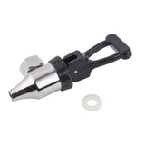 A metal keg coupler with a shiny silver spout, a hexagonal nut, and a black plastic lever handle for your beverage dispenser. Next to it is a small white rubber washer. The coupler is used to tap kegs in beverage dispensing systems.