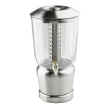 A modern beverage dispenser featuring a BPA free clear plastic body and stainless steel infuser, with a lid on top and a sleek spigot at the front—ideal for stylishly serving cold drinks.